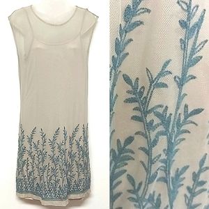 NWT Mystree Grey Midi Dress with Blue Botanical Embroidery, Size Medium